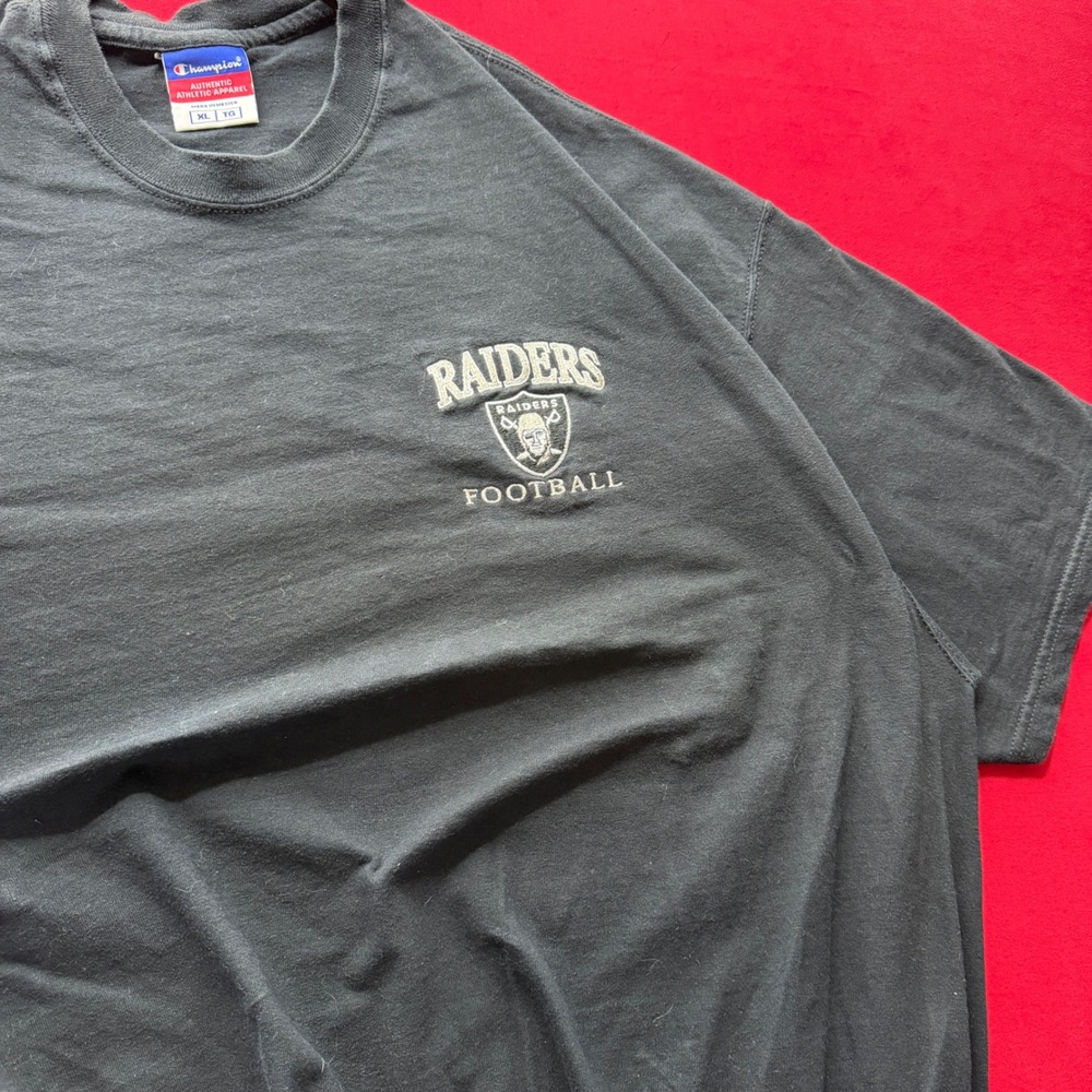 VINTAGE Champion NFL OAKLAND Raiders Football T-Shirt Men XL Black Embroidered